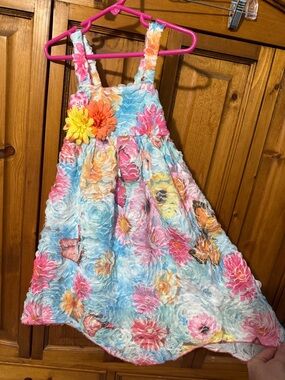 Cachcach Girls Floral Ruffle Sundress with Flower Accent - Pink Blue Multi